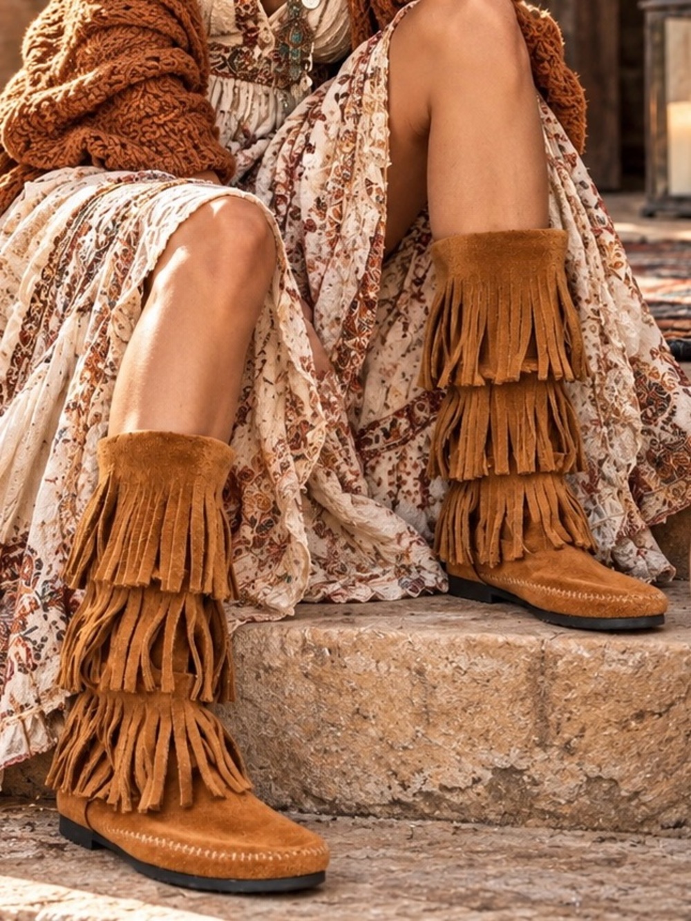 Minnetonka 1632 Brown Suede 3 Layer Fringe Moccasin Boots Boho Western - Picture 2 of 12
